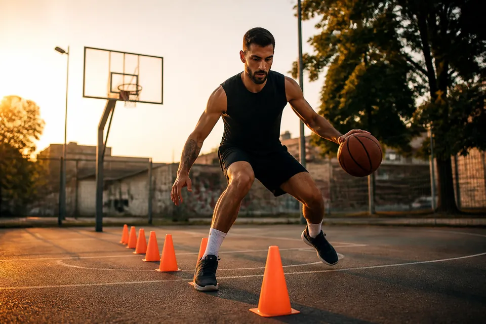 Giocatore di basket durante un esercizio individuale con i coni