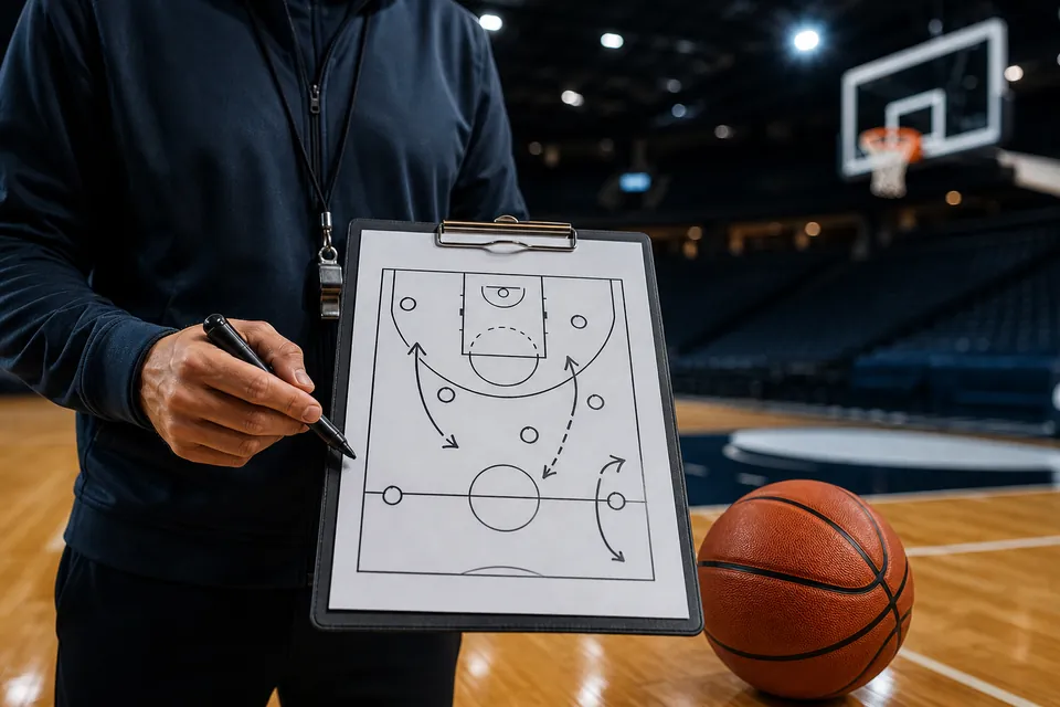 Allenatore con lavagna tattica su un campo da basket